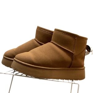 Womens Tan Suede Faux Fur Lined Winter Ankle Boots Platform Sole Bow Detail